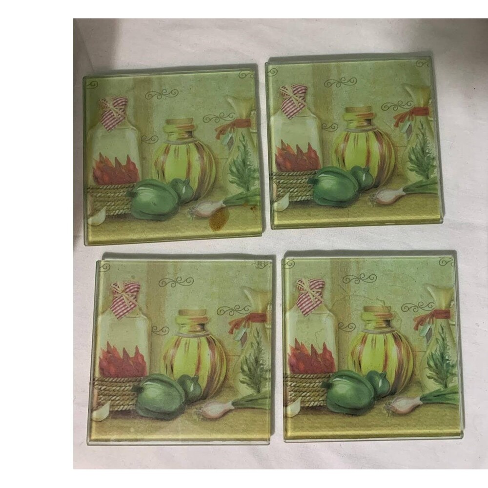 Vintage Pot Holder & Coaster Set Green Farmhouse Jars Onions, Vegetables Wine, C